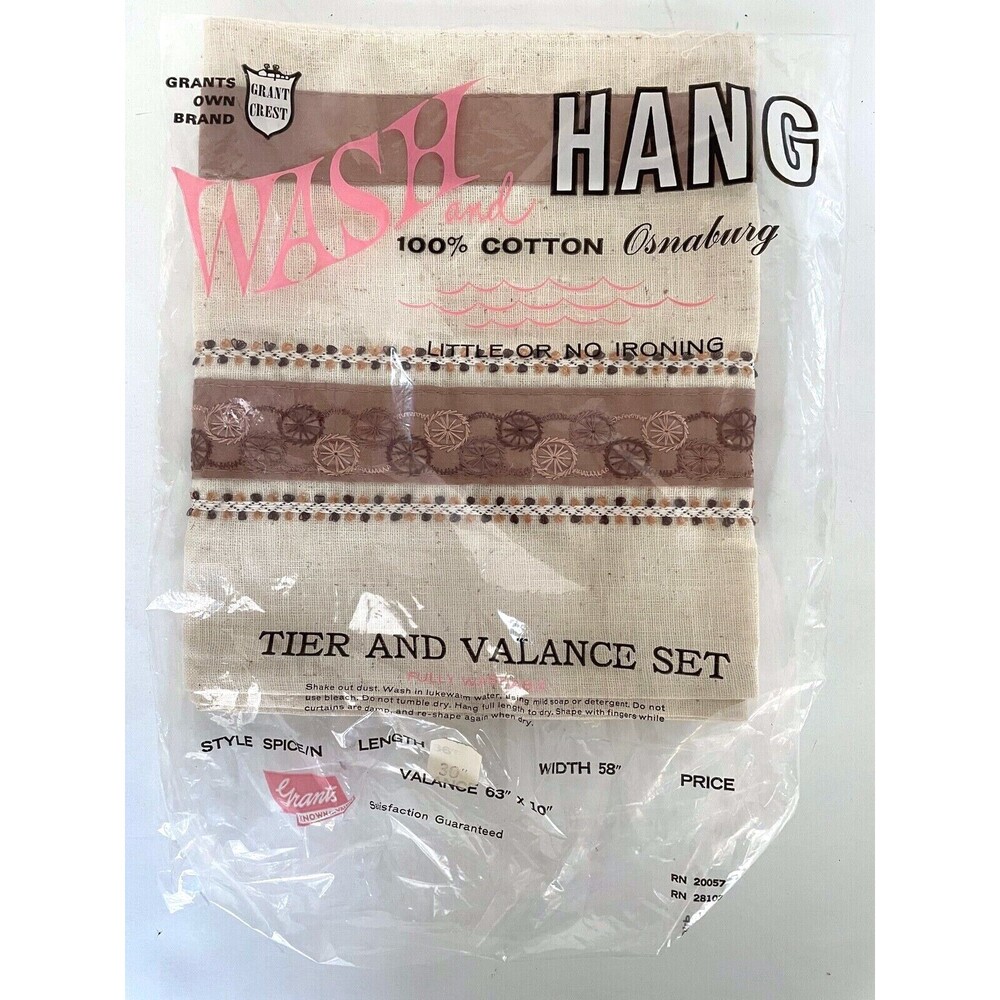 Vintage Grants Crest Tan Brown Valance Curtain Crochet Satin Natural Cotton NOS